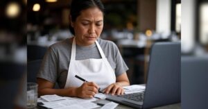 Photo showing concerned restaurant owner calculating hidden costs of 3rd party delivery apps