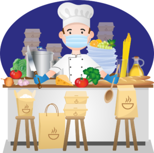 Chef in mask with kitchen to-go food — COVID restaurant trends